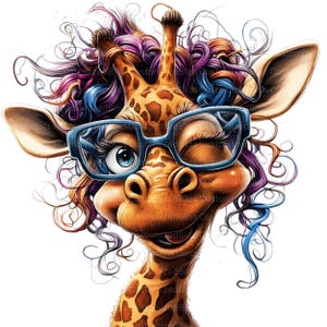 Op de afbeelding: Een cartoon-giraffe met blauw en paars krullend haar, die een blauwe bril draagt en knipoogt. De giraffe heeft een bruin en oranje gevlekt patroon.