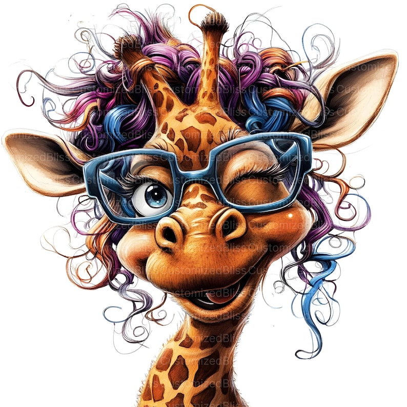 Op de afbeelding: Een cartoon-giraffe met blauw en paars krullend haar, die een blauwe bril draagt en knipoogt. De giraffe heeft een bruin en oranje gevlekt patroon.