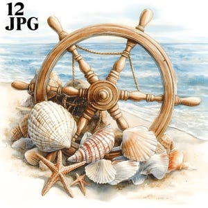 May include: A wooden ship's wheel with rope details is washed ashore on a sandy beach.  The wheel is surrounded by seashells of various shapes and sizes, including a large scallop shell, a starfish, and a smaller seashell with a striped pattern.