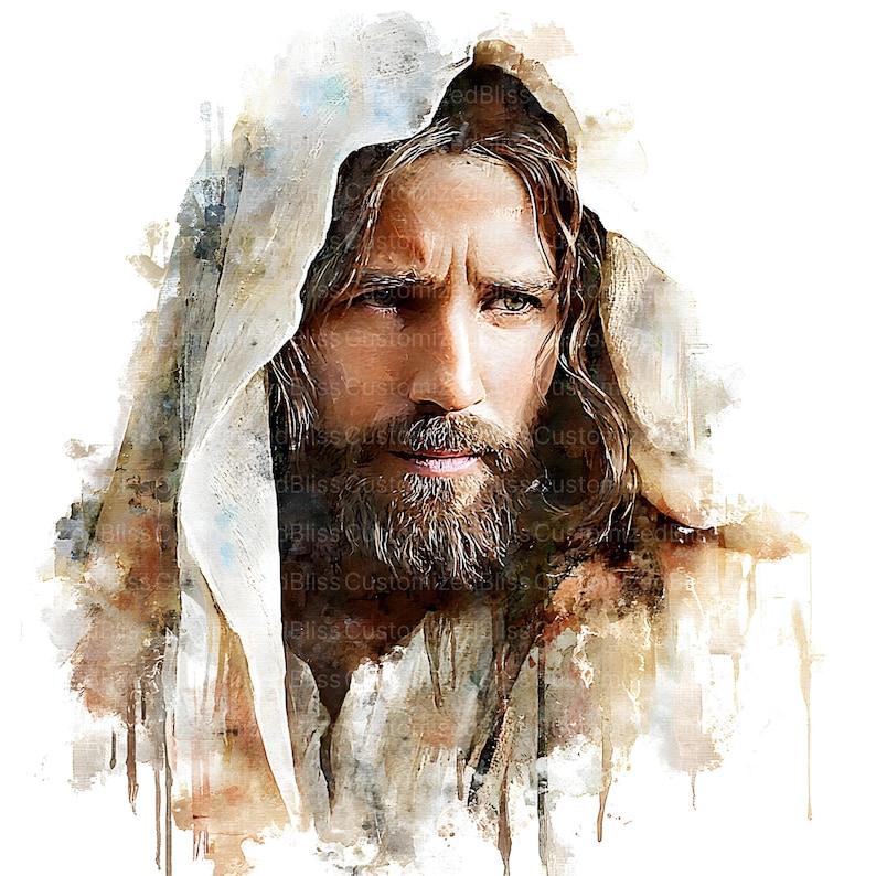 Op de afbeelding: Een aquarelportret van een man met lang bruin haar en een baard, gekleed in een gedrapeerde doek. De afbeelding heeft een zachte, artistieke stijl met gedempte tinten bruin, beige en blauw. De tekst "Bliss Customize" is zichtbaar.