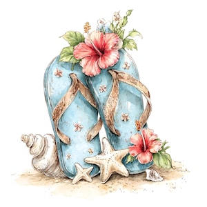 May include: A watercolour illustration featuring blue flip-flops decorated with hibiscus flowers and small floral details. A seashell and starfish rest on a sandy surface, creating a beach scene. The artwork has a soft, artistic style.