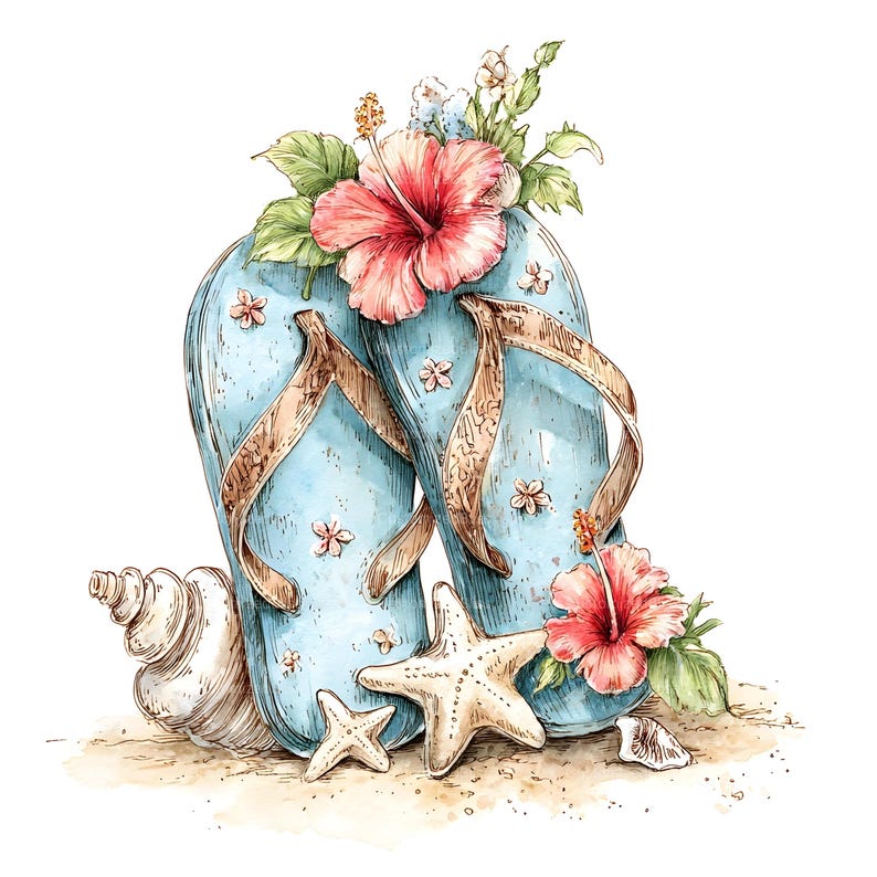 May include: A watercolour illustration featuring blue flip-flops decorated with hibiscus flowers and small floral details. A seashell and starfish rest on a sandy surface, creating a beach scene. The artwork has a soft, artistic style.