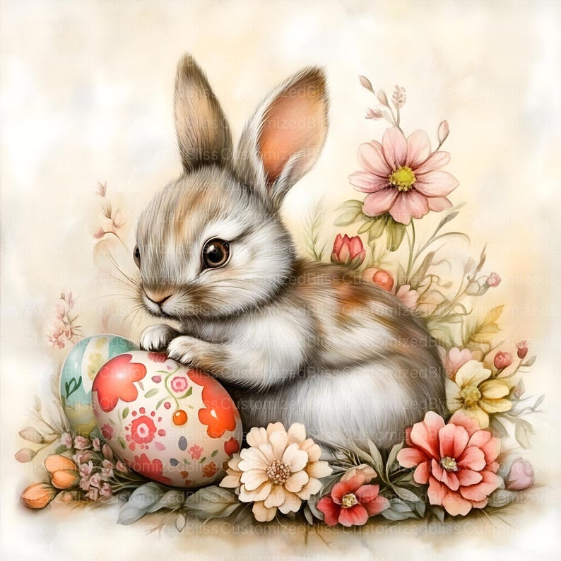 May include: A cute brown and white bunny rabbit sits with two colorful Easter eggs in a bed of pink, white, and yellow flowers.