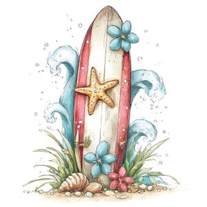 May include: A watercolour illustration of a surfboard with red stripes, a starfish, and blue flowers. The surfboard is in front of stylized ocean waves. Seashells and greenery are at the base, creating a beach scene.