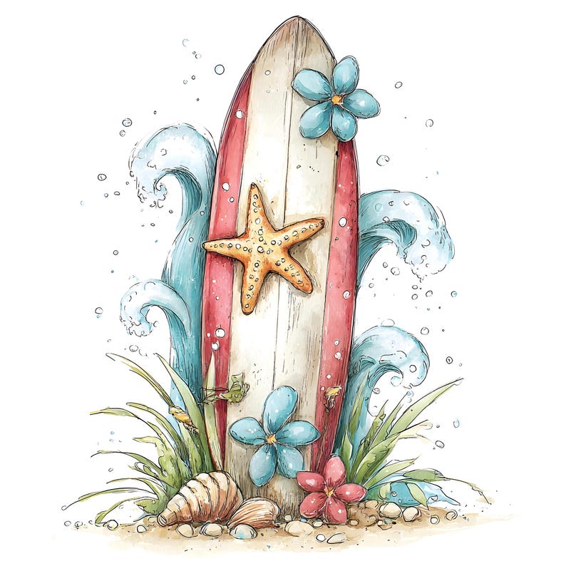 May include: A watercolour illustration of a surfboard with red stripes, a starfish, and blue flowers. The surfboard is in front of stylized ocean waves. Seashells and greenery are at the base, creating a beach scene.