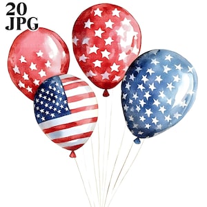 20 USA Flag Balloon Clipart, USA Flag Clipart, High Quality JPGs, Watercolor Clipart, Junk Journal, Digital Download, Paper Craft, Clip Art