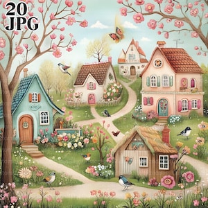 Skurrile Frühlingsdorf Clipart, 20 hochauflösende JPGs in Aquarell Farben für Junk Journaling, Scrapbooking, Kartenherstellung, digitaler Download, Fantasy