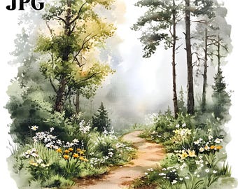 20 Forest Trail Clipart, Forest Clipart, Tree Clipart, Nature Clipart, High Quality JPGs, Watercolor Clipart, Junk Journal, Digital Download