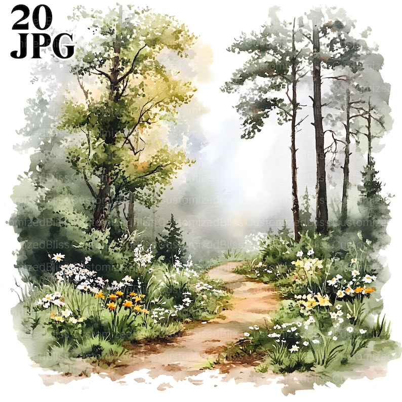 May include: A watercolor painting of a winding path through a forest. The path is lined with green trees and white flowers. The background is a hazy blue.