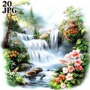 20 imágenes prediseñadas de cascada de primavera, imágenes prediseñadas de primavera, imágenes prediseñadas de naturaleza, imágenes prediseñadas de paisaje, JPG de alta calidad, diario basura, descarga digital de papel artesanal