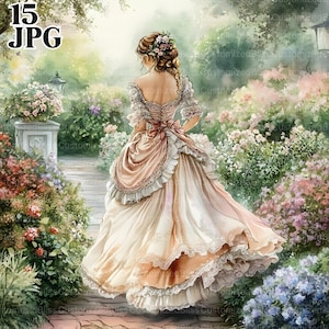 Élégante dame victorienne Clip Art, 15 fichiers JPG aquarelle haute résolution pour la journalisation indésirable, le scrapbooking, la fabrication de cartes, la robe victorienne en téléchargement numérique