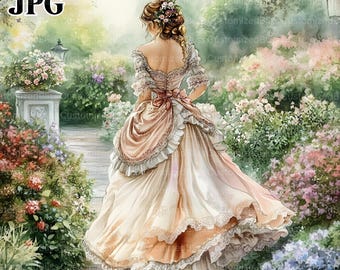 Elegant Victorian Lady Clip Art, 15 High Res Watercolor JPGs for Junk Journaling, Scrapbooking, Card Making, Digital Download Victorian Gown