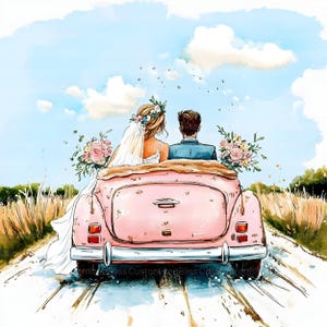 20 Bride and Groom in Just Married Car Clipart, Vintage Car, Wedding ...