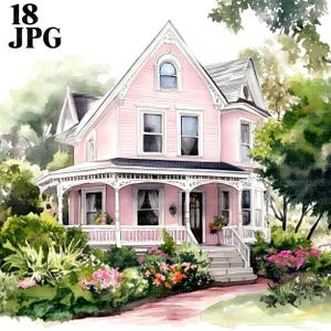 18 Pink House Clipart, Summer Cottage Clipart, Wysokiej jakości pliki JPG, Clipart akwarelowy, Dziennik śmieci, Pobieranie cyfrowe, Rękodzieło papierowe, Do druku