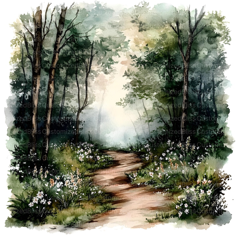 May include: A watercolor painting of a path winding through a lush green forest. The path is lined with white flowers and the trees are tall and leafy. The light is soft and diffused, creating a dreamy atmosphere.