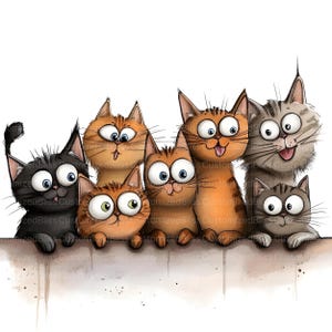 May include: A cartoon illustration featuring seven cats with exaggerated features and large eyes. The cats, in various shades of orange, black, and grey, are looking over a neutral-coloured ledge. The image has a fun and lighthearted feel.
