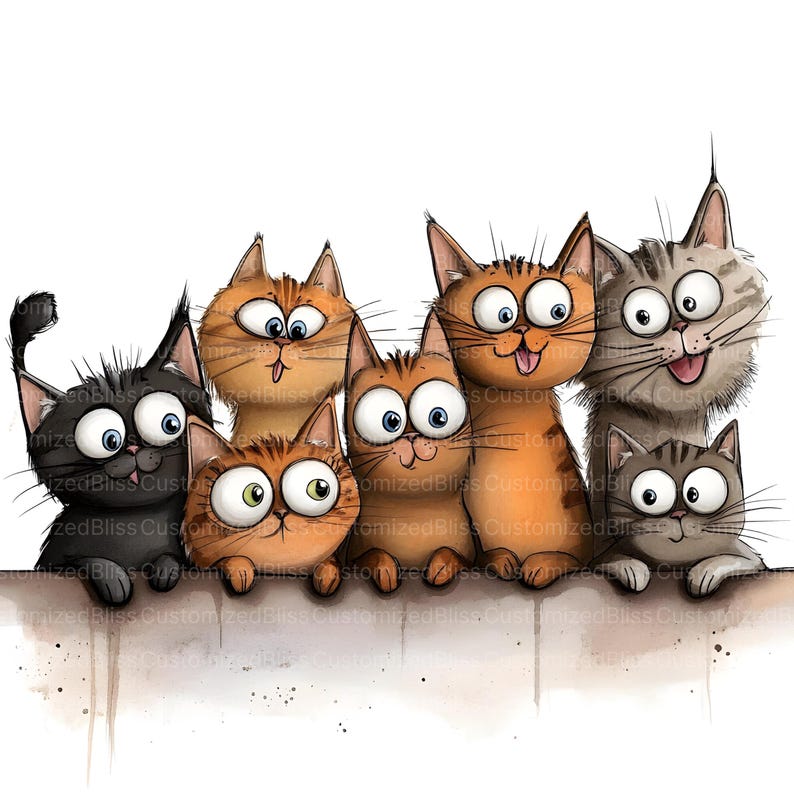 May include: A cartoon illustration featuring seven cats with exaggerated features and large eyes. The cats, in various shades of orange, black, and grey, are looking over a neutral-coloured ledge. The image has a fun and lighthearted feel.