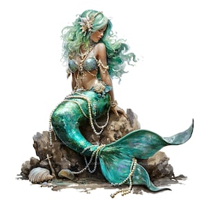 Puede incluir: Ilustración digital de una sirena con cabello verde mar y cola a juego, adornada con perlas y conchas marinas. Está sentada sobre una roca, mirando hacia abajo. La sirena lleva un sujetador y joyas de perlas, creando un tema de fantasía.