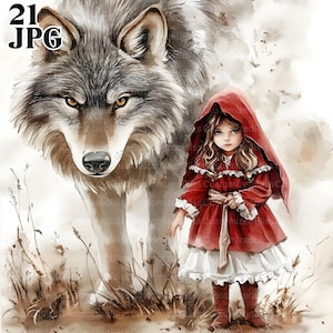 21 Mädchen und Wolf Clipart, kleine Mädchen Clipart, hochwertige JPG, Aquarell Clipart, Junk Journal, digitaler Download, Papierwesen, Printable