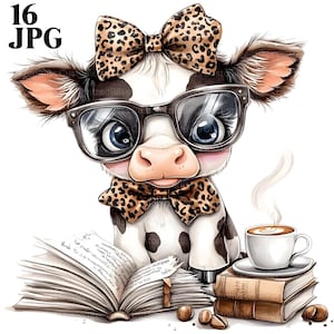 16 Clipart di mucca divertente, Clipart di caffè, Fiocco con stampa leopardata, Mucca carina, Clipart di lettura, Clipart di topo di biblioteca, JPG di alta qualità, Download digitale