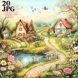 Fantastyczna sztuka wiosennej wioski, 20 wysokiej jakości plików JPG, akwarelowe kliparty, dziennik śmieci, scrapbooking, tworzenie kartek, pobieranie cyfrowe, fantasy