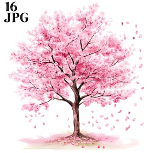 16 Clipart di alberi di ciliegio in fiore, Clipart di sakura, Clipart di primavera, Romanticismo rosa, Clipart di acquerelli, Diario spazzatura, Download digitale di carta artigianale