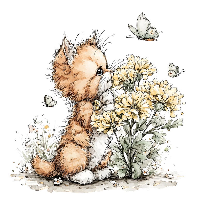 35 Floral Cat Clipart, Cute Kitten With Flowers Clipart, Cartoon Kitten ...