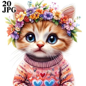 20 Clipart chat, chaton, clipart coeur, amour des cliparts, couronne de fleurs, fichiers JPG de haute qualité, Junk Journal, téléchargement numérique, créations en papier