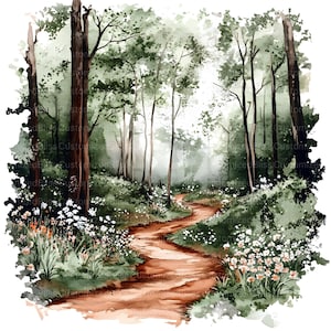 May include: A watercolor painting of a winding path through a lush green forest. The path is lined with trees and wildflowers, and the air is filled with a soft, misty light.