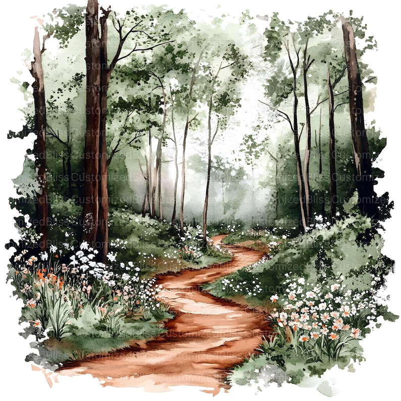 May include: A watercolor painting of a winding path through a lush green forest. The path is lined with trees and wildflowers, and the air is filled with a soft, misty light.