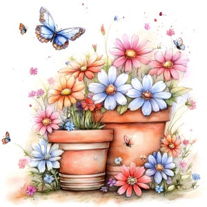Puede incluir: Ilustraci&oacute;n en acuarela de dos macetas de terracota rebosantes de margaritas coloridas y otras flores silvestres. Mariposas en tonos azules y naranjas revolotean alrededor de las flores. La obra de arte tiene una calidad suave y so&ntilde;adora.