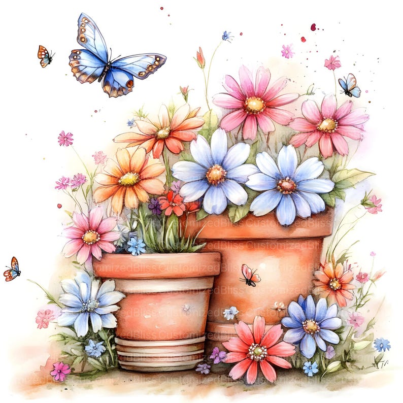 Puede incluir: Ilustraci&oacute;n en acuarela de dos macetas de terracota rebosantes de margaritas coloridas y otras flores silvestres. Mariposas en tonos azules y naranjas revolotean alrededor de las flores. La obra de arte tiene una calidad suave y so&ntilde;adora.