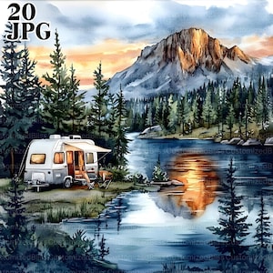 20 cliparts camping, camping remorque Clipart, clipart voyage, JPG de haute qualité, clipart aquarelle, Junk Journal, téléchargement numérique, créations manuelles