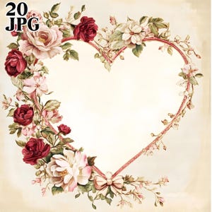 Paquete de imágenes prediseñadas de páginas de corazones con motivos florales vintage para el día de San Valentín, 20 archivos JPG de acuarela de alta calidad, diario basura, álbumes de recortes, descarga digital