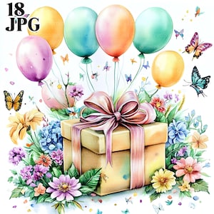 18 globos y flores para cumpleaños, imágenes prediseñadas en formato JPG de alta calidad, imágenes prediseñadas en acuarela, diario basura, descarga digital, manualidades de papel, imágenes prediseñadas