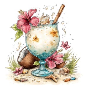 May include: A watercolour illustration of a tropical cocktail in a blue glass, garnished with pink hibiscus flowers and a cinnamon stick. A coconut half, seashells, and a starfish are on the sand. The drink has a whipped cream topping.