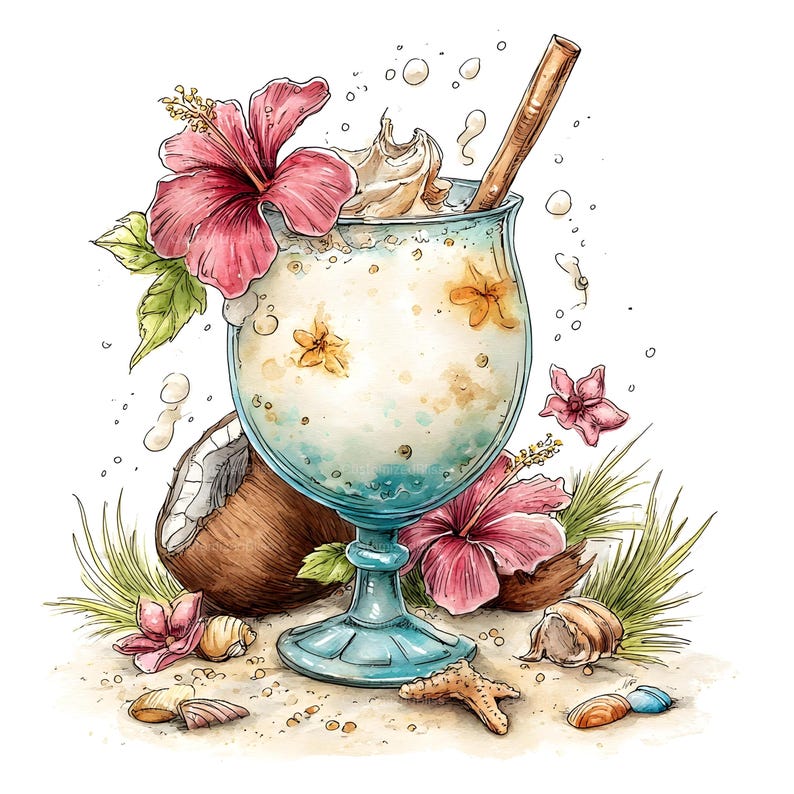 May include: A watercolour illustration of a tropical cocktail in a blue glass, garnished with pink hibiscus flowers and a cinnamon stick. A coconut half, seashells, and a starfish are on the sand. The drink has a whipped cream topping.