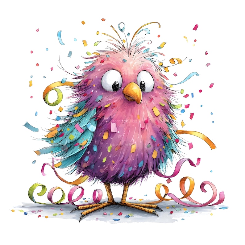 Op de afbeelding: Een pluizige, ronde vogel met roze en paarse veren, blauwgroene vleugelaccenten en een gele snavel. De vogel heeft grote, wijd openstaande ogen en is omringd door kleurrijke confetti en krullende feestlinten op een witte achtergrond.