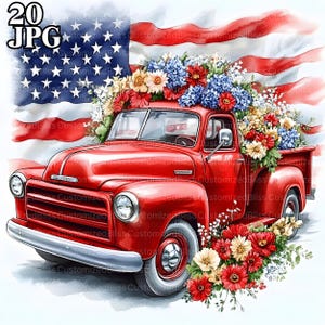 Lot de 20 images clipart de camion rouge USA, 20 fichiers JPG aquarelle haute résolution pour la journalisation indésirable, le scrapbooking, la fabrication de cartes, le kit de téléchargement numérique, le drapeau des États-Unis