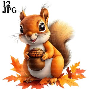 Puede incluir: Una alegre ardilla de dibujos animados con pelaje naranja y una cola esponjosa, sosteniendo una bellota marrón. La ardilla está sobre un fondo blanco con hojas de otoño. La imagen incluye el texto "12 JPG" en la esquina superior izquierda.