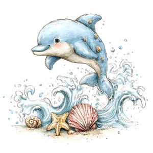 May include: A watercolour illustration of a dolphin leaping from ocean waves. The dolphin is light blue with beige accents. Seashells and a starfish are at the base of the waves. The image has a whimsical, cartoon style.