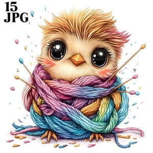 Stricken Clipart, Häkeln Clipart, lustiger Vogel Clipart, Garn Clipart, Stricknadeln, 15 hochwertige JPGs, Junk Journal, digitaler Download
