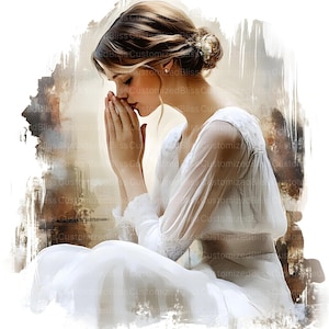 May include: A woman in a white dress with her hands clasped in prayer. The background is a soft, abstract watercolor wash of brown and beige.
