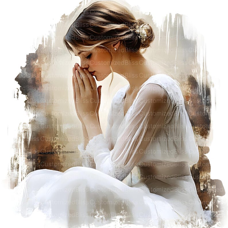 May include: A woman in a white dress with her hands clasped in prayer. The background is a soft, abstract watercolor wash of brown and beige.