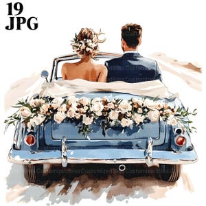 19 imágenes prediseñadas de coches recién casados, día de la boda, imágenes prediseñadas románticas, imágenes prediseñadas de amor, archivos JPG de alta calidad, diario basura, descarga digital, manualidades de papel