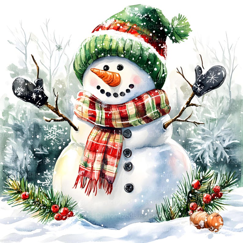 May include: A watercolor painting of a snowman wearing a green and red plaid scarf and a green knit hat with a white pom-pom. The snowman is standing in a snowy forest with pine branches and red berries.