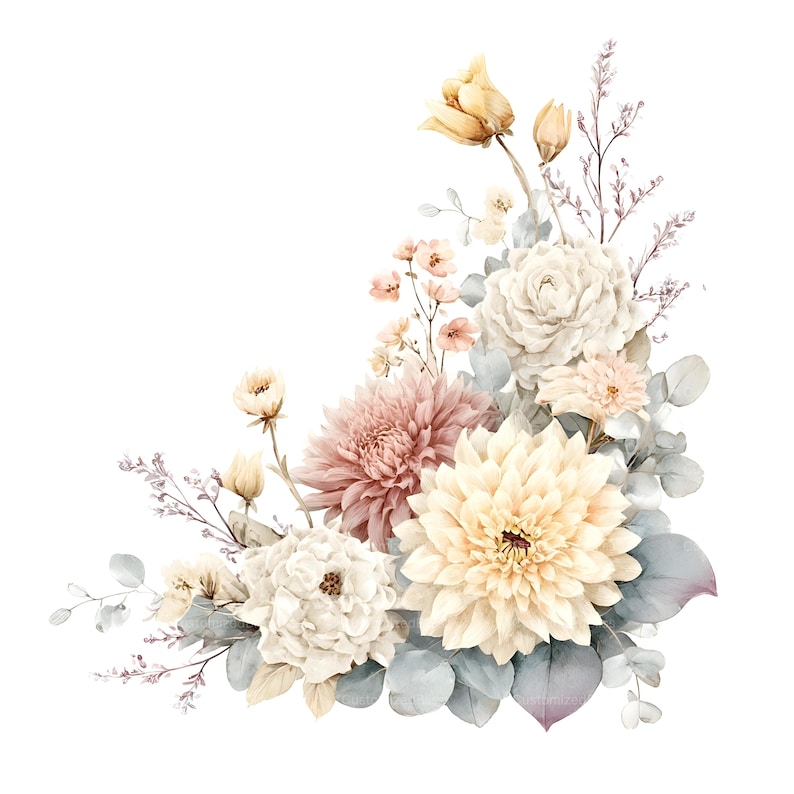 May include: A floral arrangement featuring large cream and dusty pink dahlia blossoms, white hydrangea clusters, and small pale peach flowers. The bouquet includes sprigs of thin, wispy branches and rounded eucalyptus leaves in muted blue-green tones.