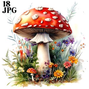 18 Clipart champignon vénéneux magique, champignon Clipart, JPG haute qualité, clipart aquarelle, Junk Journal, téléchargement numérique, créations en papier, Clip Art