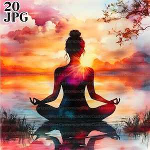 20 Yoga Clipart, Mulher Meditando, Meditação Clipart, JPGs de Alta Qualidade, Aquarela Clipart, Diário de Lixo, Download Digital, Papel Artesanal
