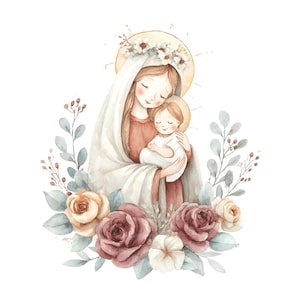 以下が含まれることがあります： 水彩画のイラストで、花と葉に囲まれた母と子を描いています。母親は白いベールと光輪を身につけ、子供を抱いています。柔らかい赤、ピンク、緑の色使いで、優しく穏やかなイメージです。